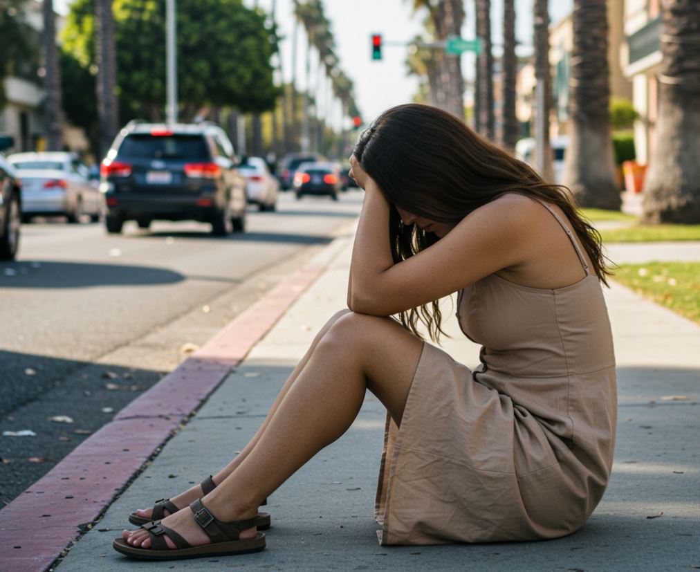 woman in brown dress sitting on sidewalk light city holding head