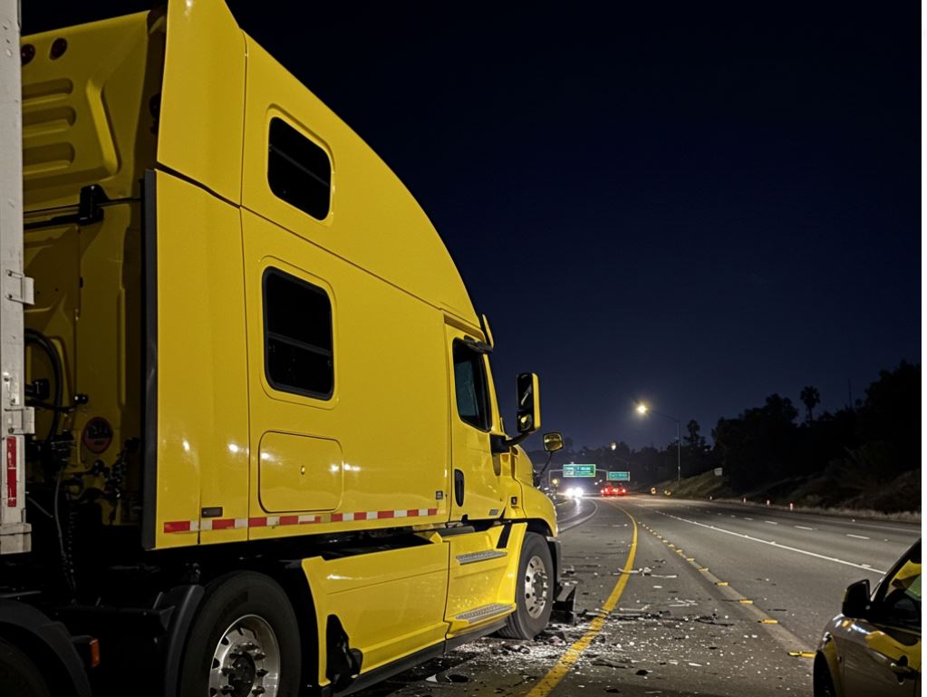 yellow truck side view accident damage night time outdoors